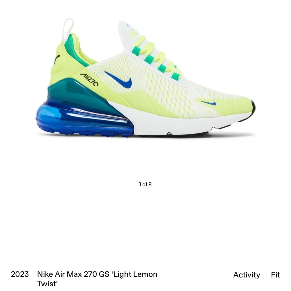 Air Max 270 GS Light Lemon Twist with Blue Accents Big Kids 7Y / women’s 8.5-9